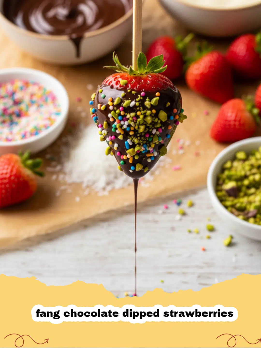 A tray of spooky fang chocolate dipped strawberries with almond slivers as teeth.