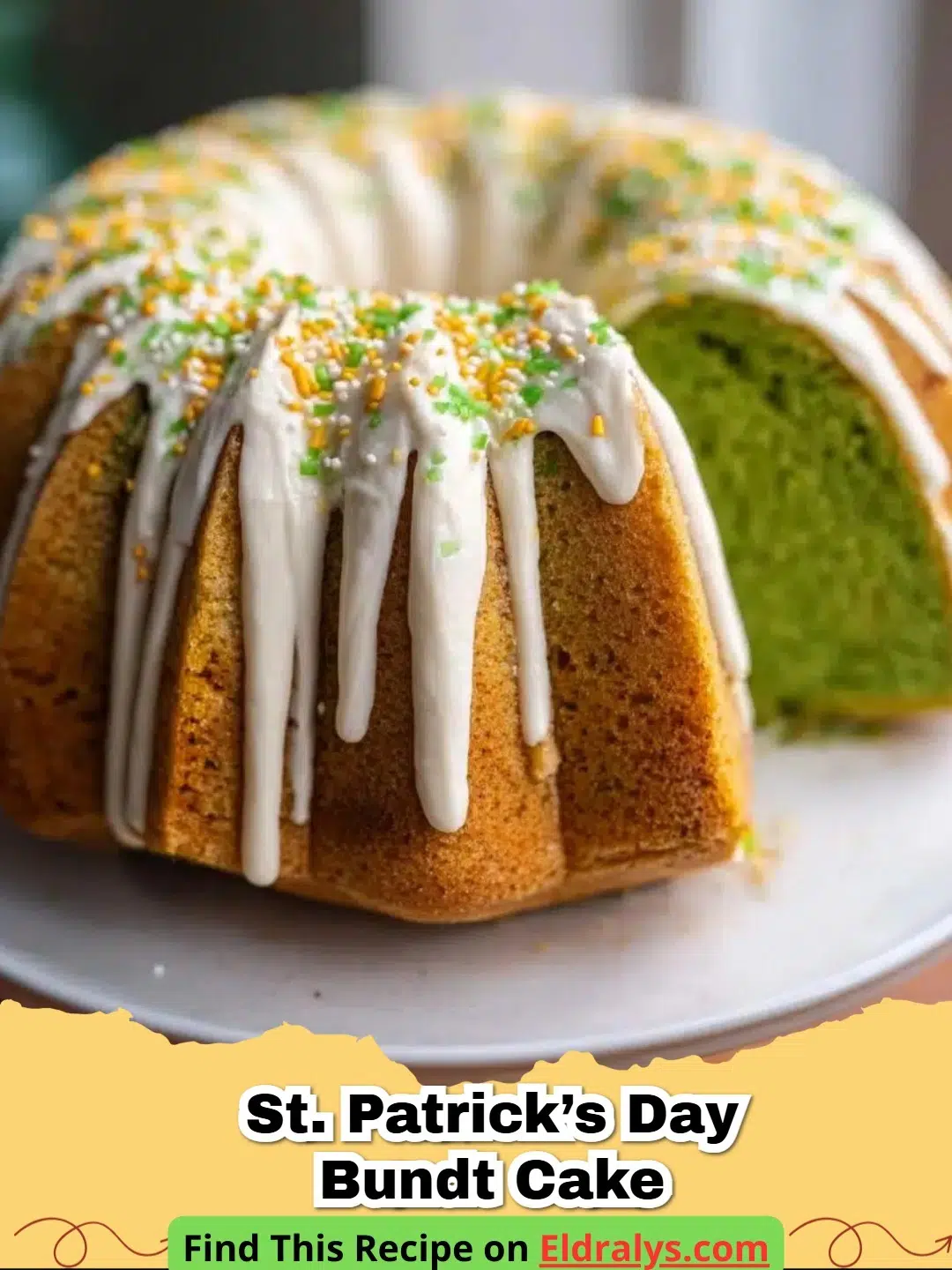 A close up of a St. Patrick’s Day Mint Bundt Cake with green frosting swirls.