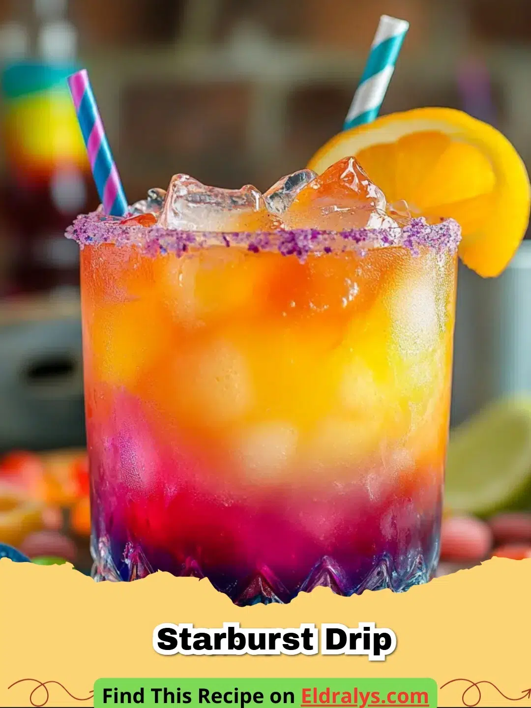 A close-up of a colorful Starburst Drip running down the side of a white buttercream cake.