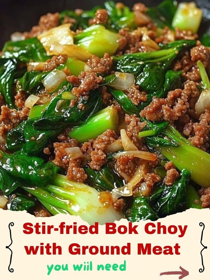 A delicious serving of Stir-fried Bok Choy with Ground Meat in a wok