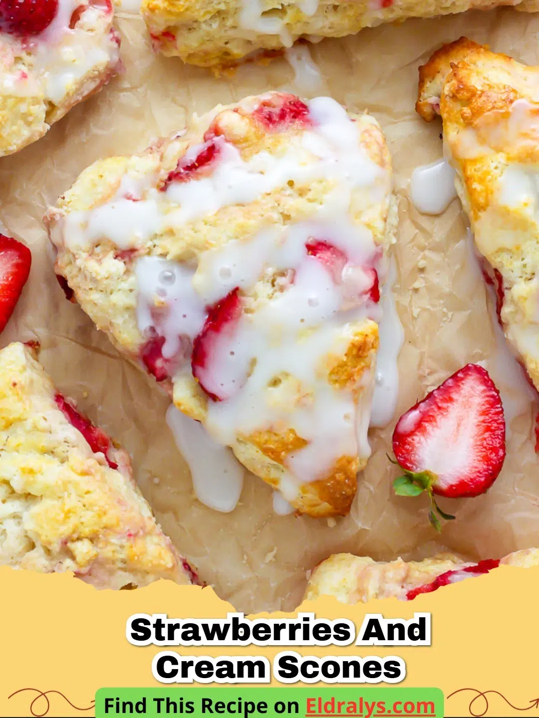 Freshly baked Strawberries and Cream Scones on a cooling rack with a vanilla glaze drizzle.