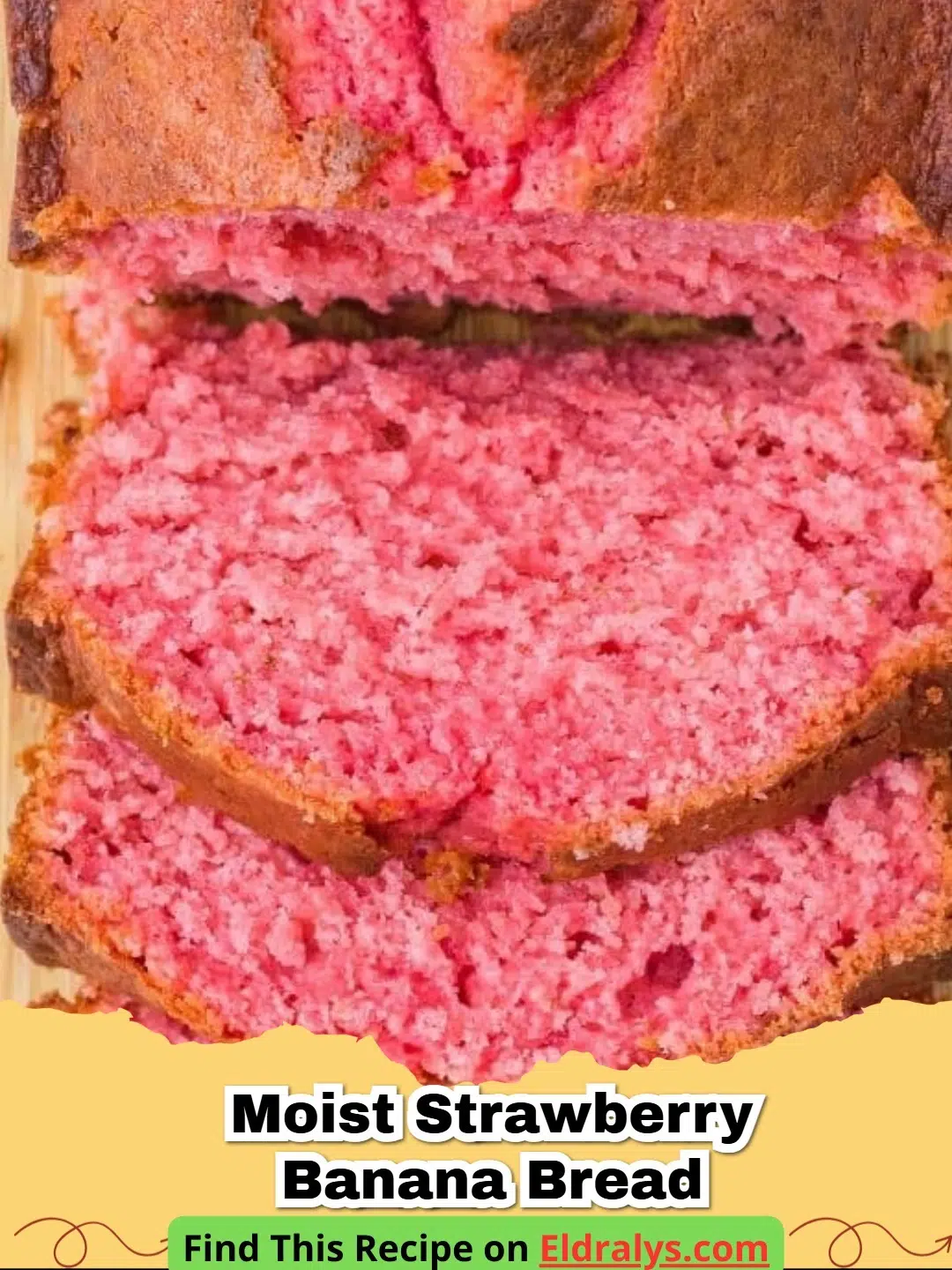 A thick slice of Strawberry Banana Bread with visible fruit chunks on a wooden board.