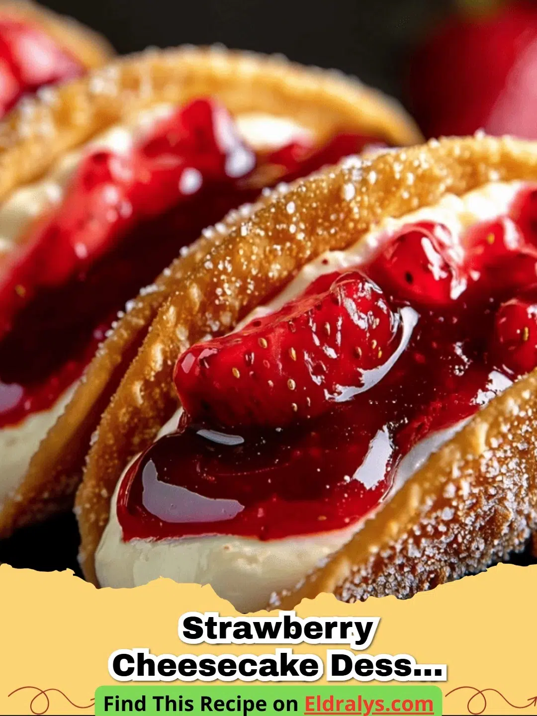 Close up of Strawberry Cheesecake Dessert Tacos on a platter with fresh berries