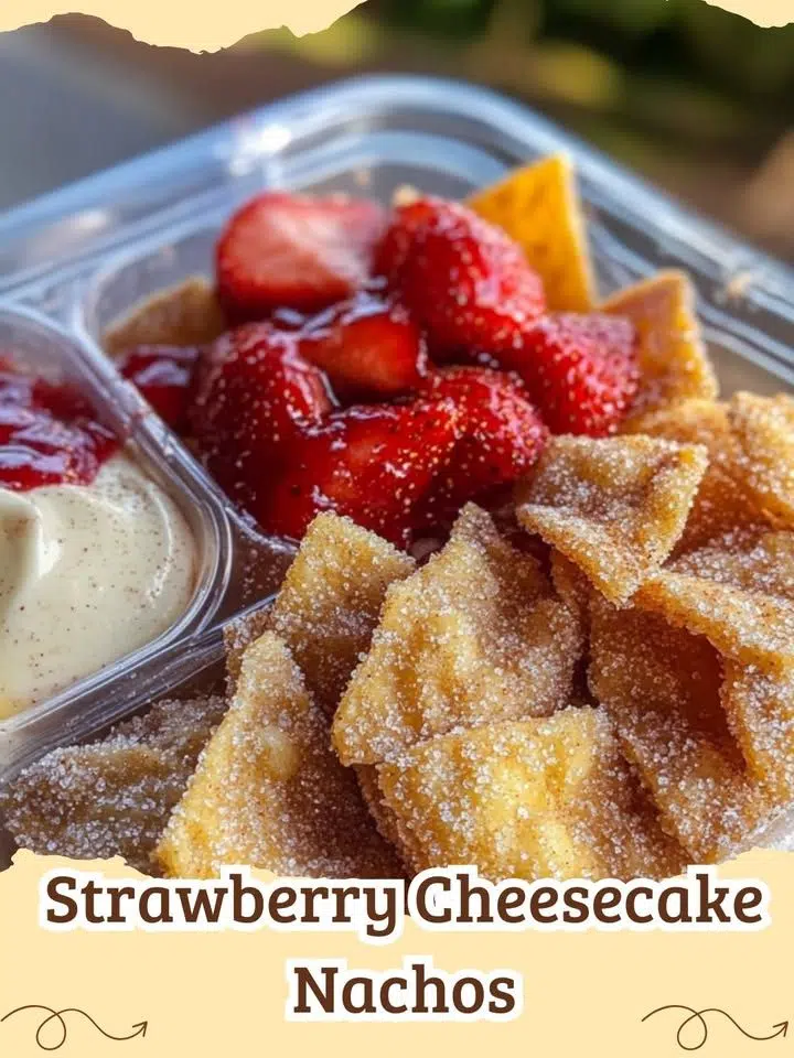 A large platter of Strawberry Cheesecake Nachos with cinnamon chips and fresh berries.