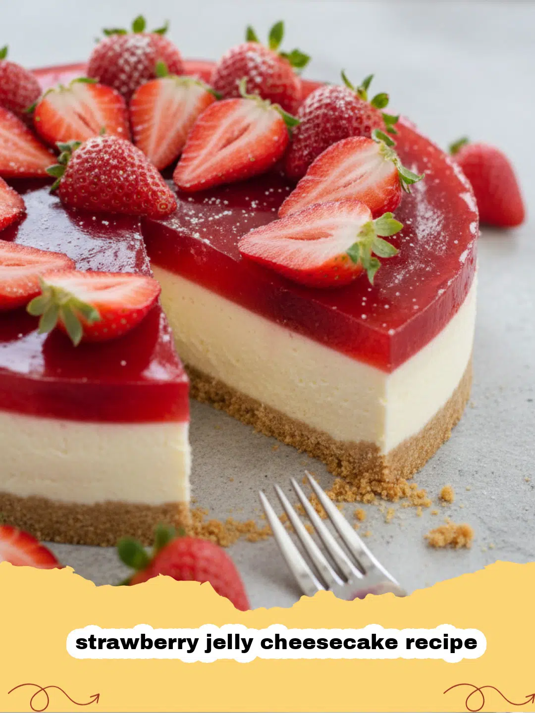strawberry jelly cheesecake recipe - A beautiful slice of strawberry jelly cheesecake with clear red jelly and fresh strawberry slices on top.