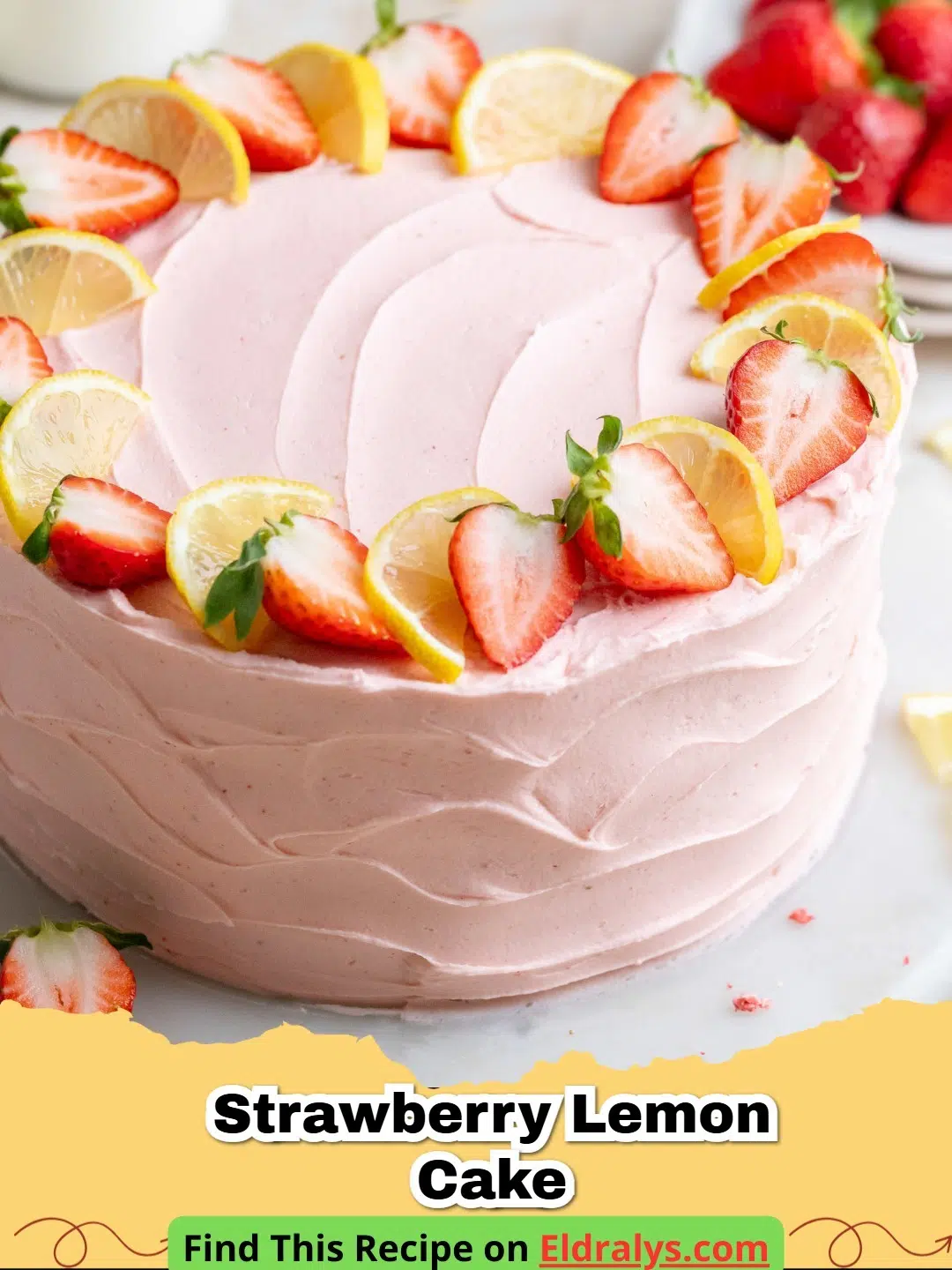 Slices of moist Strawberry Lemon Cake topped with fresh berries and cream cheese frosting.