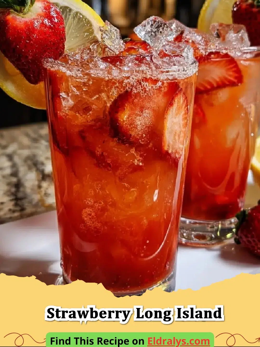 Strawberry Long Island Iced Tea Recipe - A vibrant red Strawberry Long Island Iced Tea in a tall glass garnished with a strawberry.