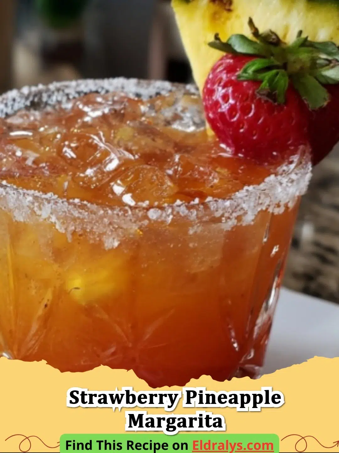 Strawberry Pineapple Margarita Recipe - A vibrant red and orange Strawberry Pineapple Margarita in a salt-rimmed glass with fruit garnish.
