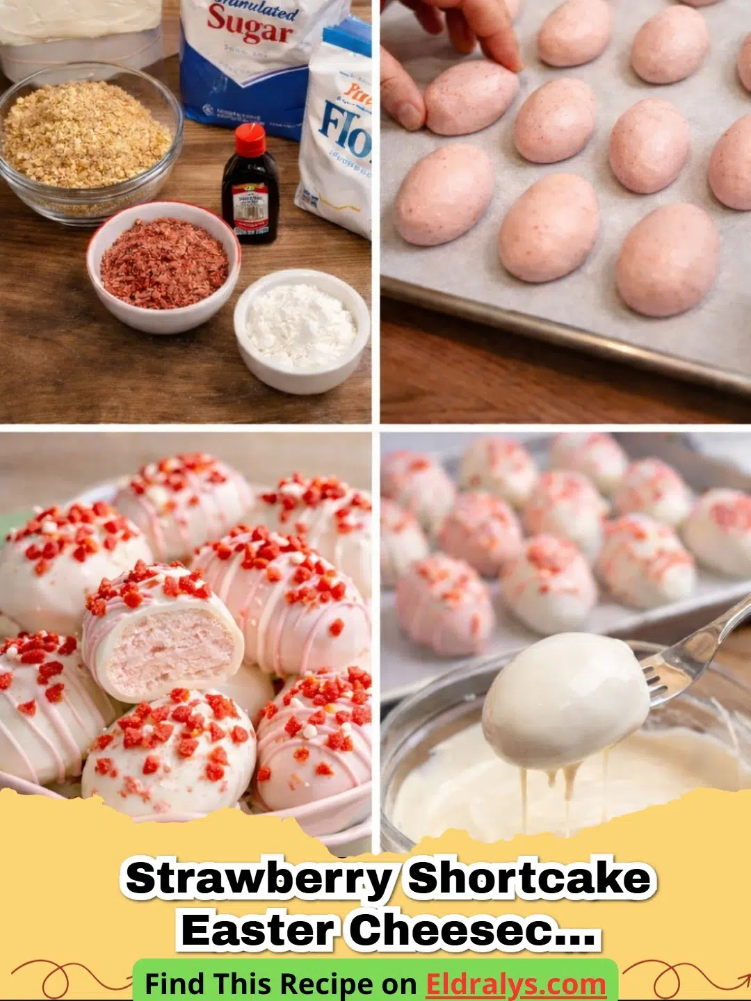 Beautifully decorated Strawberry Shortcake Cheesecake Easter Eggs on a white plate