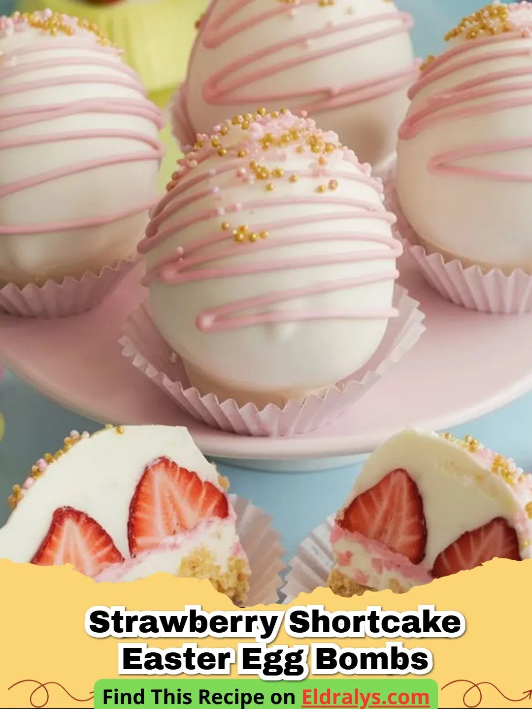 A close up of Strawberry Shortcake Easter Egg Bombs decorated with pastel chocolate and sprinkles