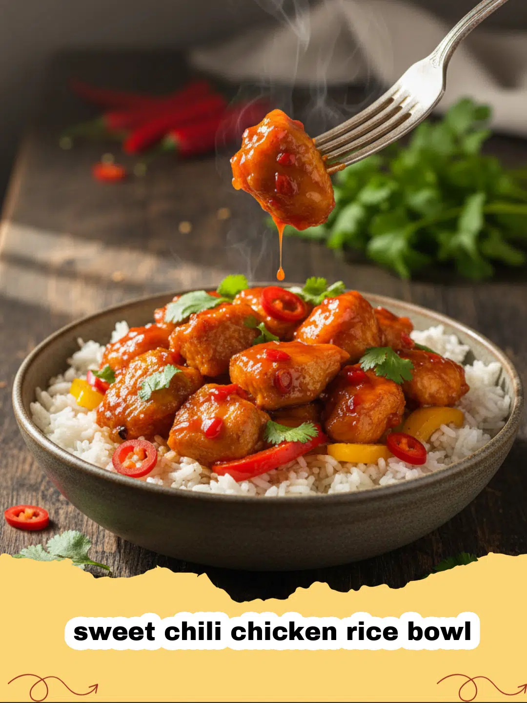 A delicious sweet chili chicken rice bowl topped with green onions and sesame seeds