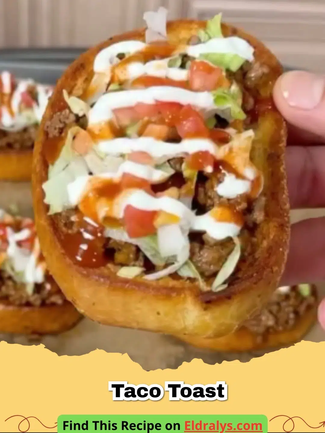 Close up of cheesy Taco Toast with fresh lettuce and tomatoes