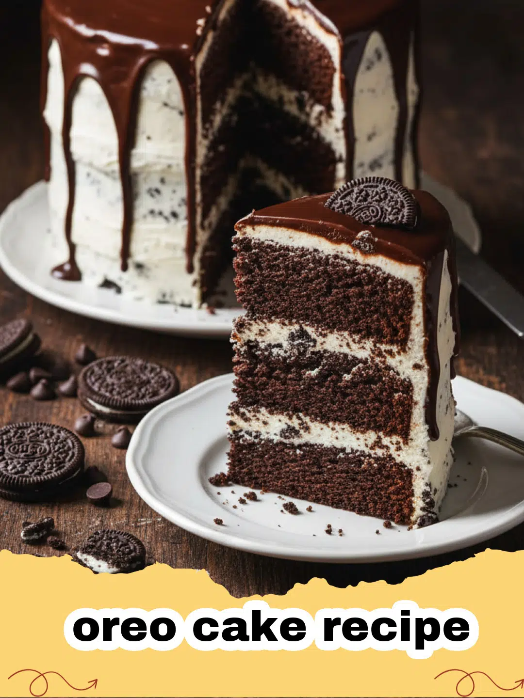 oreo cake recipe - A tall three-layer Oreo cake with cookies and cream frosting and whole Oreos on top.