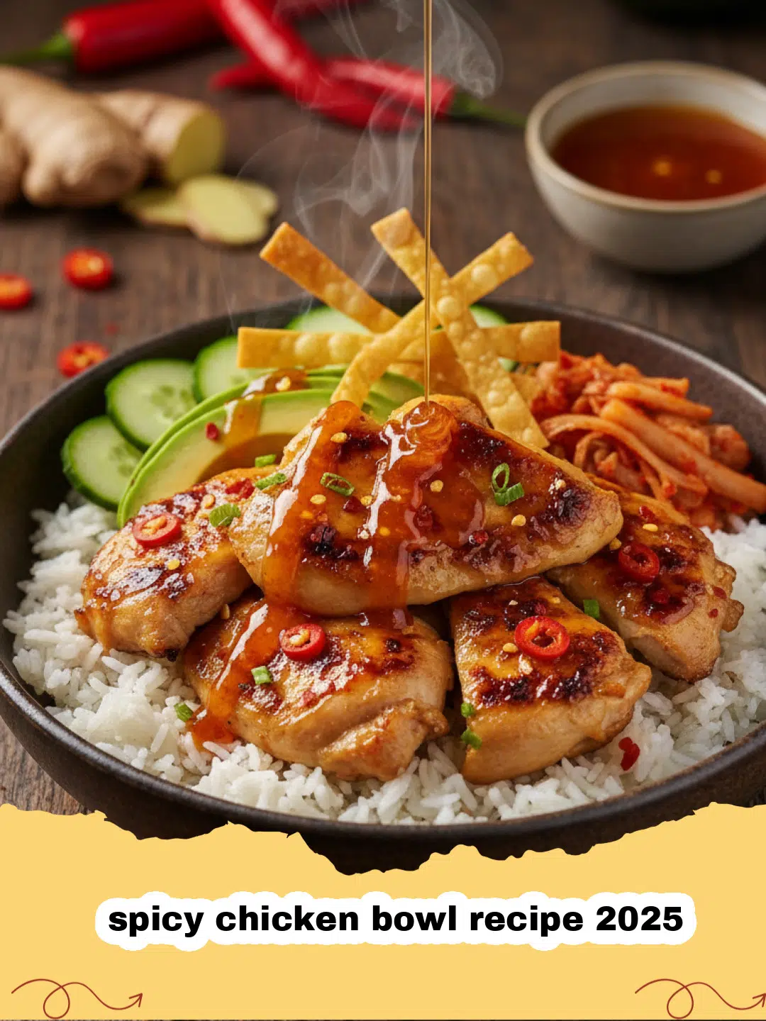 A colorful spicy chicken bowl recipe 2025 with rice, glazed chicken, and fresh vegetables.