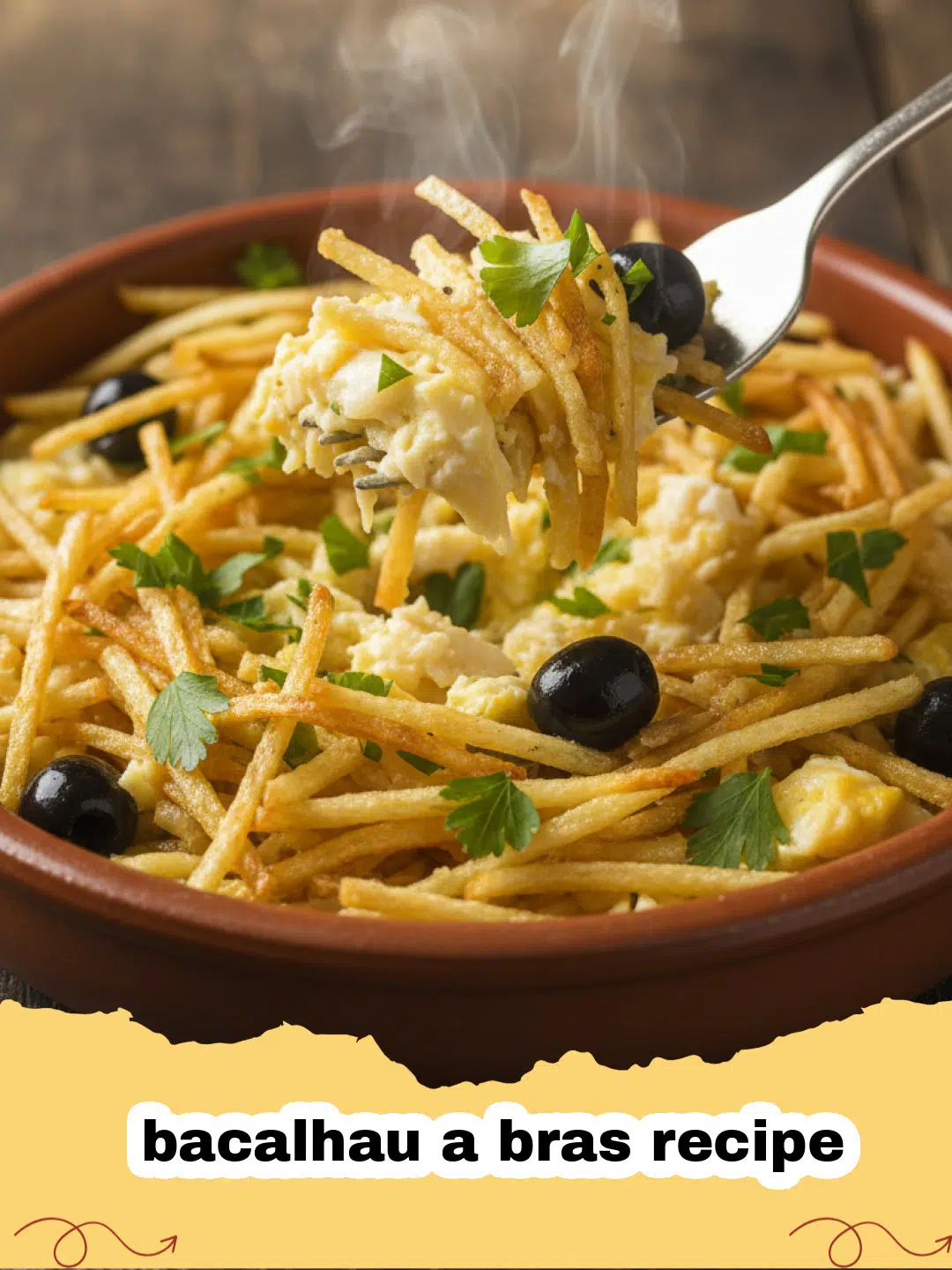 bacalhau a bras recipe - A beautiful plate of Bacalhau à Brás garnished with black olives and parsley.