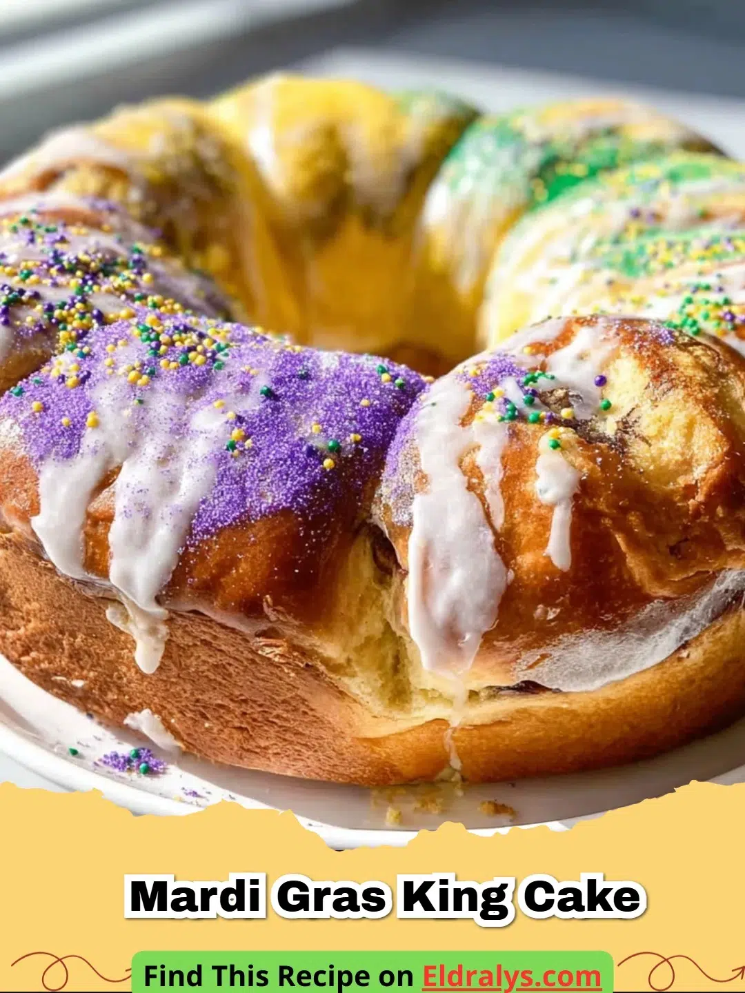 Traditional Mardi Gras King Cake Recipe - A vibrant Traditional Mardi Gras King Cake with purple, green, and gold sugar on a white plate.
