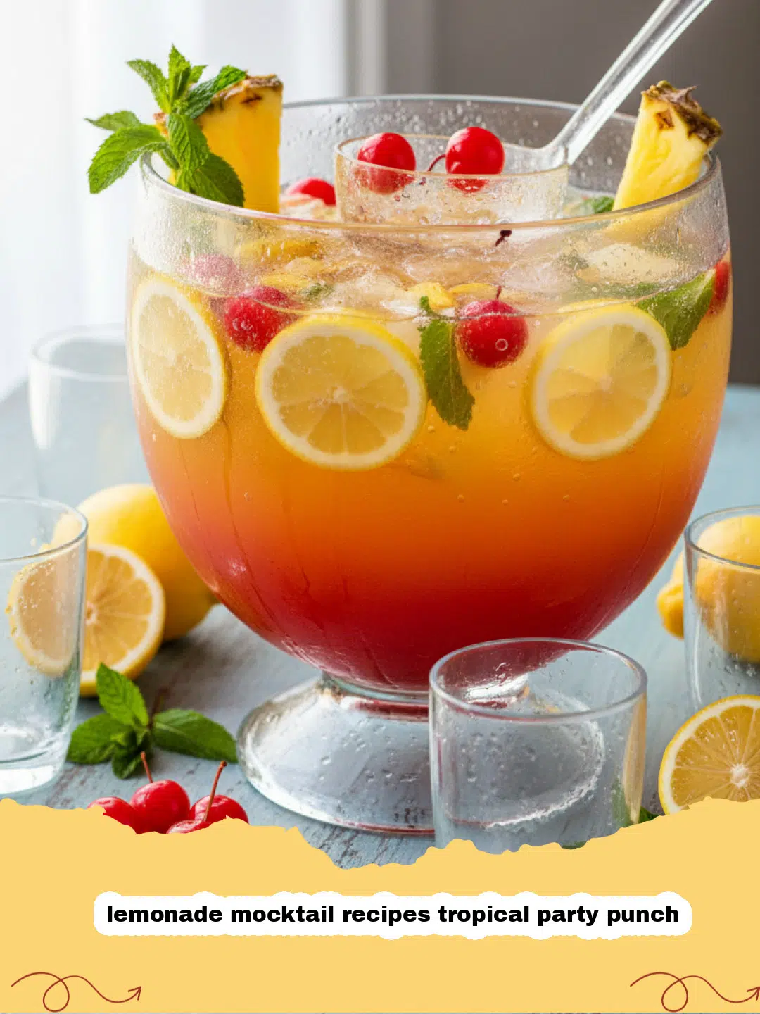 A beautiful glass punch bowl filled with yellow lemonade mocktail recipes tropical party punch, garnished with lemon slices and mint.