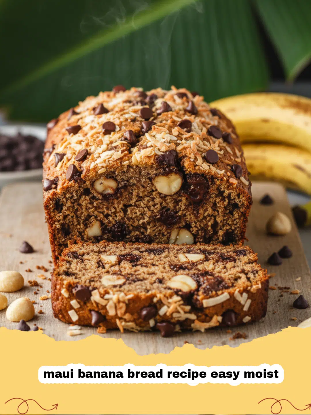 maui banana bread recipe easy moist - A thick slice of moist Maui banana bread topped with macadamia nuts on a wooden board.