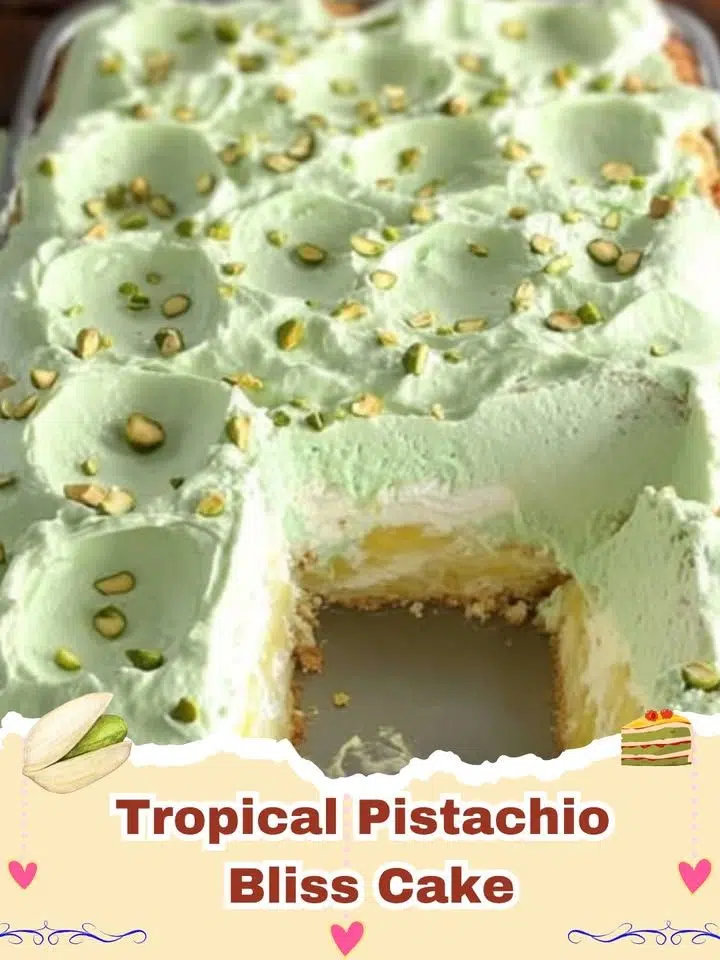 A beautiful Tropical Pistachio Bliss Cake with coconut frosting and green pistachio garnish.
