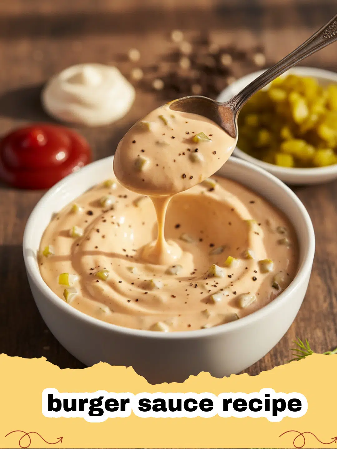 burger sauce recipe - A close-up of creamy burger sauce in a small glass bowl next to a juicy burger.