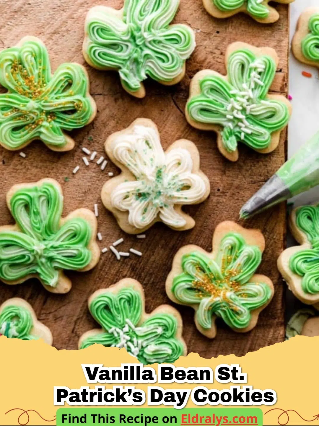 A platter of green shamrock shaped Vanilla Bean St. Patrick’s Day Sugar Cookies with visible vanilla bean specks.