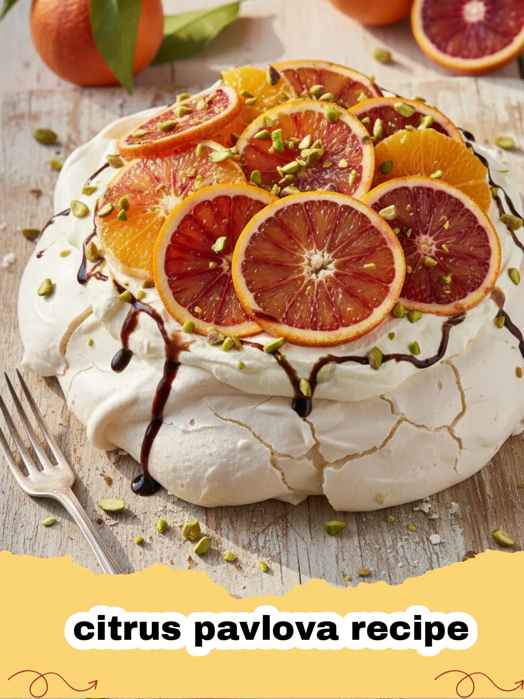 A beautiful citrus pavlova recipe topped with whipped cream, orange segments, and lime zest on a white platter.