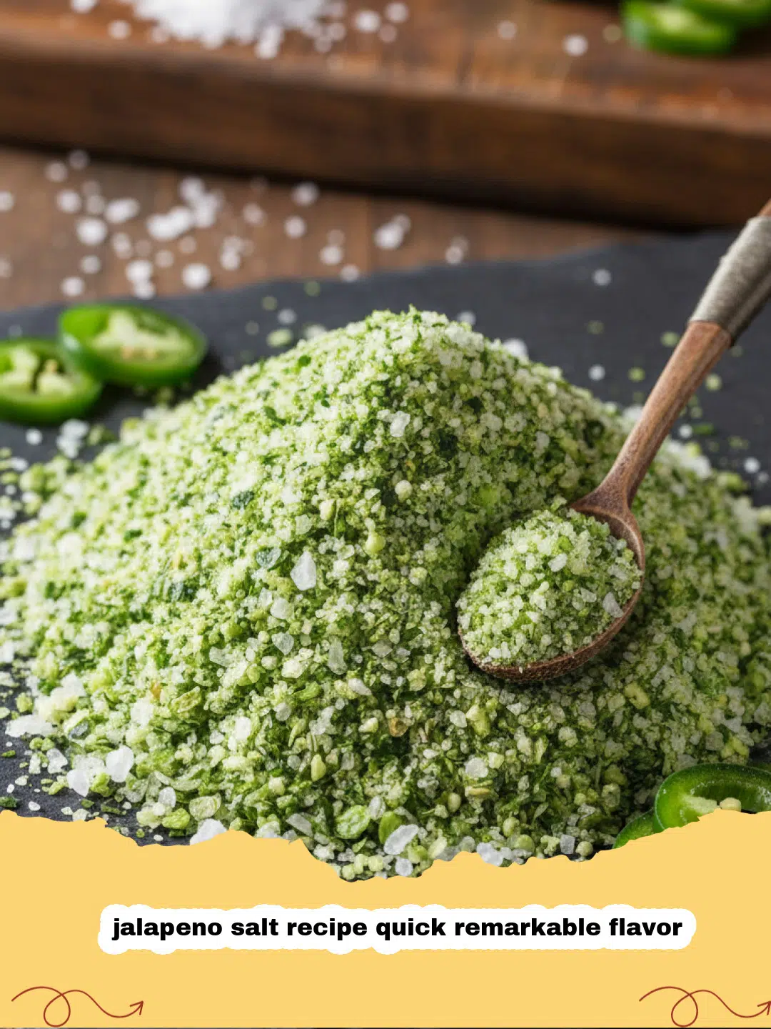 jalapeno salt recipe quick remarkable flavor - A close-up shot of green tinted jalapeno salt in a glass jar with fresh peppers nearby.