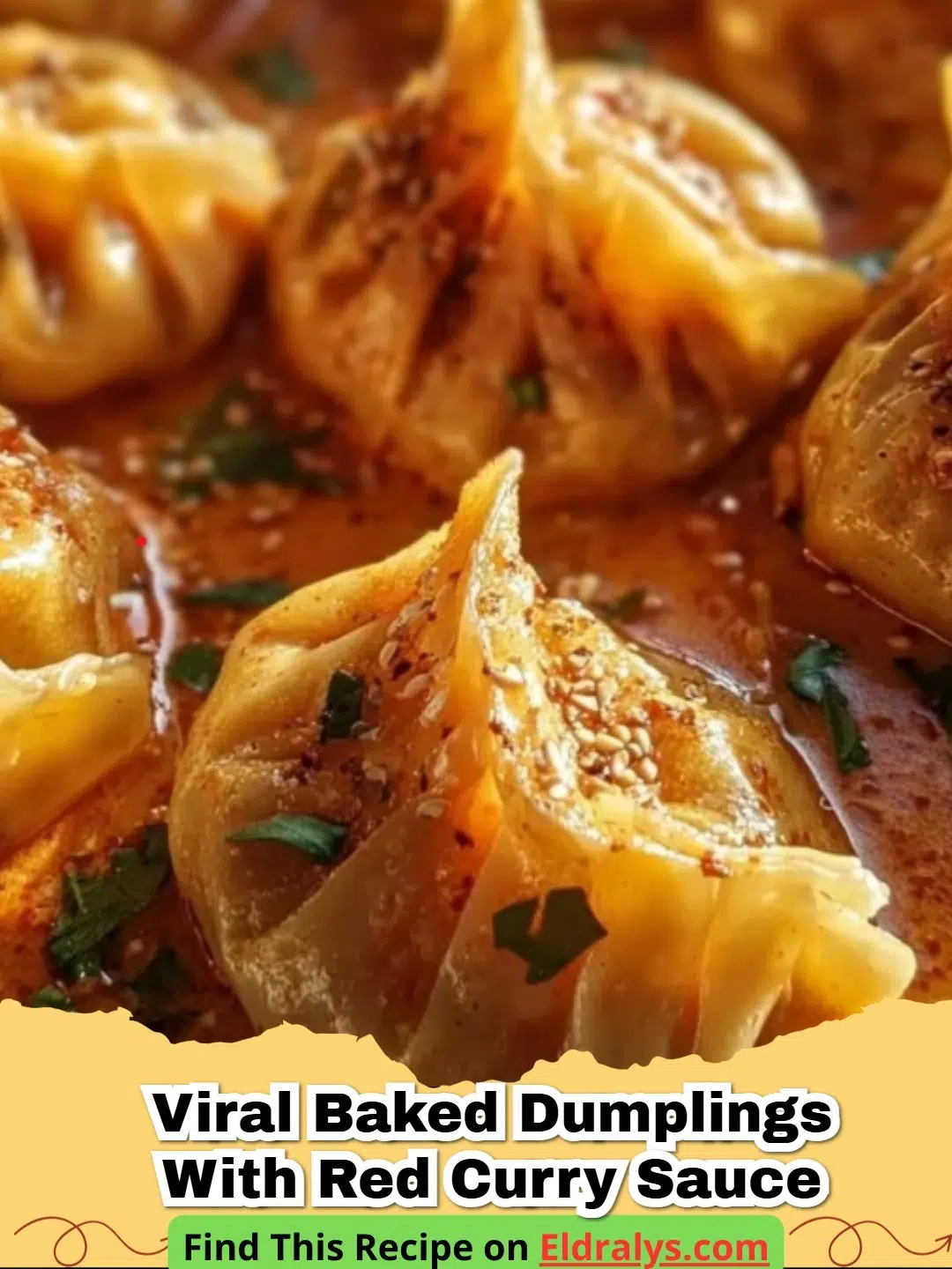 A baking dish filled with Viral Baked Red Curry Dumplings topped with fresh cilantro