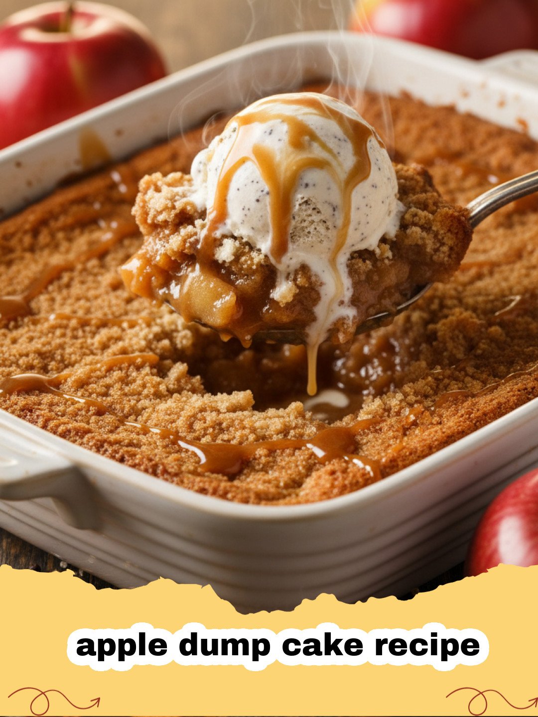 apple dump cake recipe - A golden brown apple dump cake served in a glass dish with a scoop of melting vanilla ice cream.