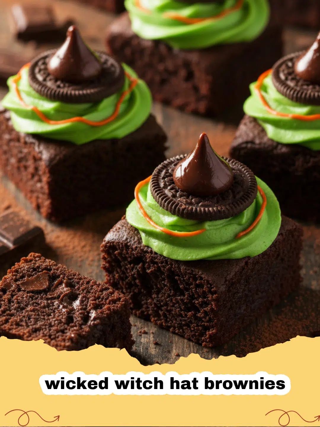 A close up of three wicked witch hat brownies with green frosting and chocolate cones on a dark background.