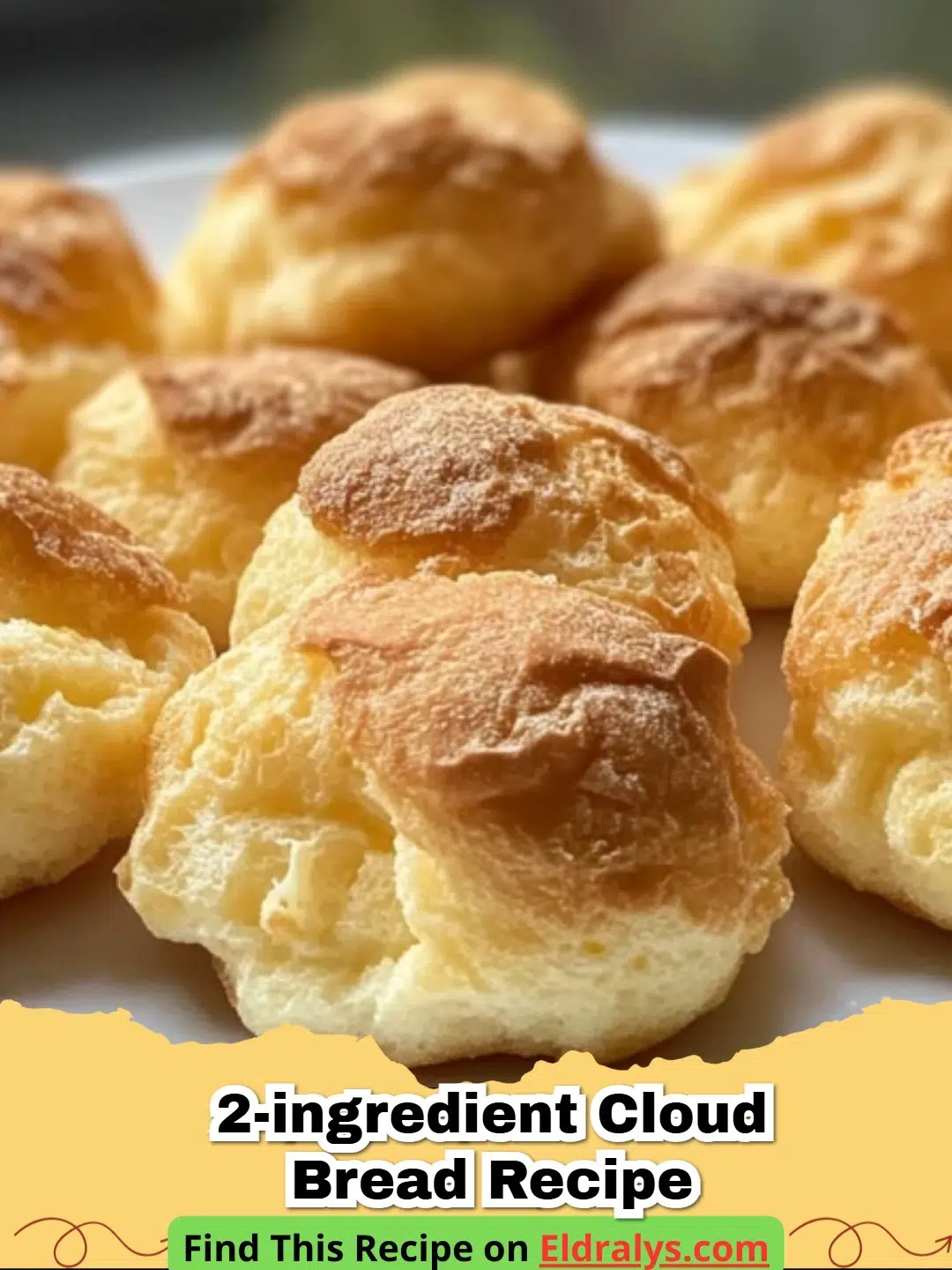 2-Ingredient Cloud Bread Recipe - A stack of golden, fluffy 2-Ingredient Cloud Bread on a parchment-lined tray.