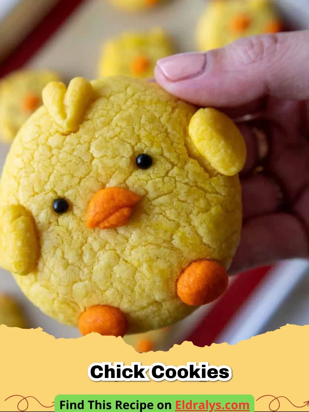 Close up of yellow decorated Chick Cookies on a white plate.