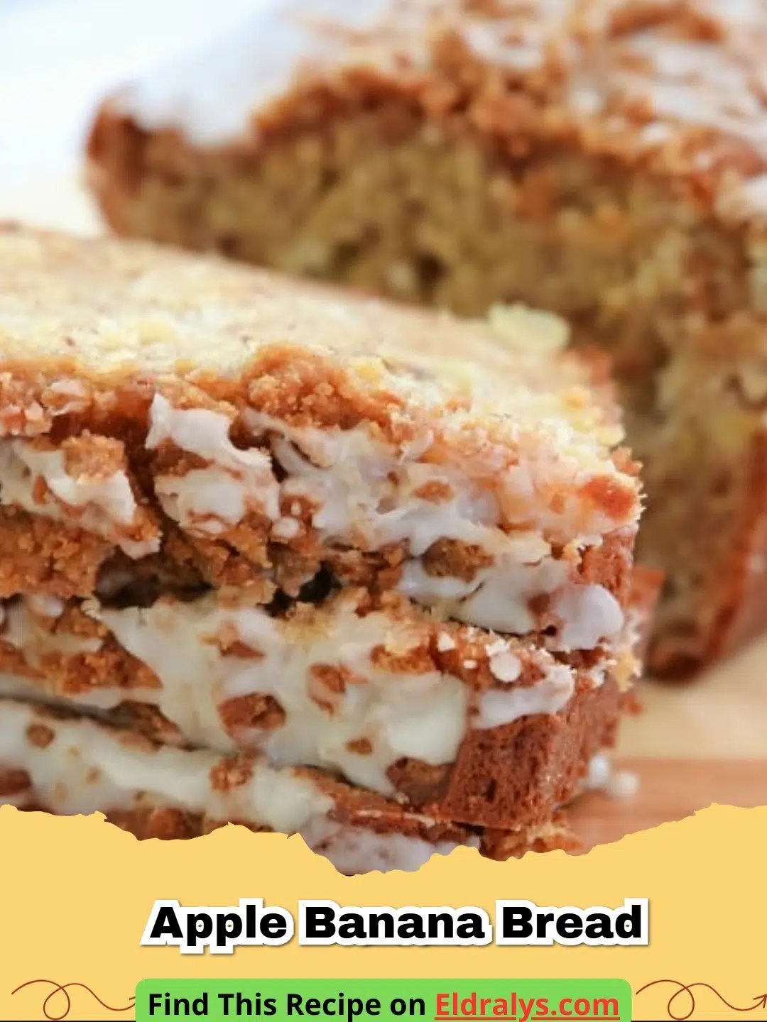 A close up of a slice of Apple Banana Bread with Streusel Topping and vanilla glaze.