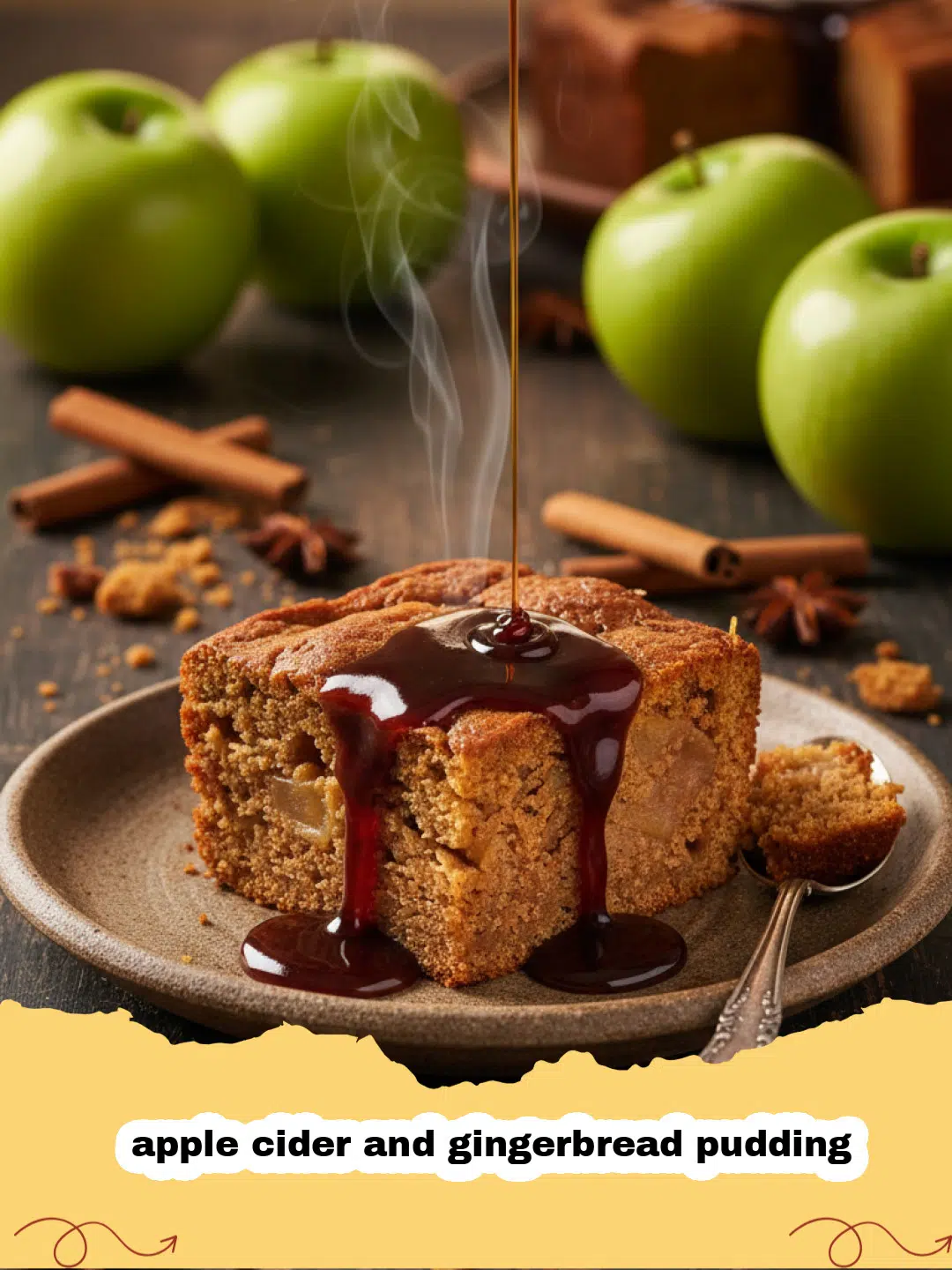 A warm serving of apple cider and gingerbread pudding with a scoop of melting vanilla ice cream and sauce.