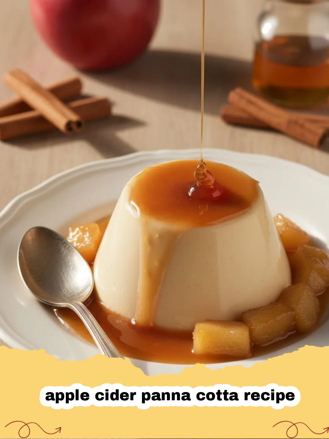 apple cider panna cotta recipe - A smooth apple cider panna cotta in a glass bowl topped with a cinnamon stick and caramel drizzle.