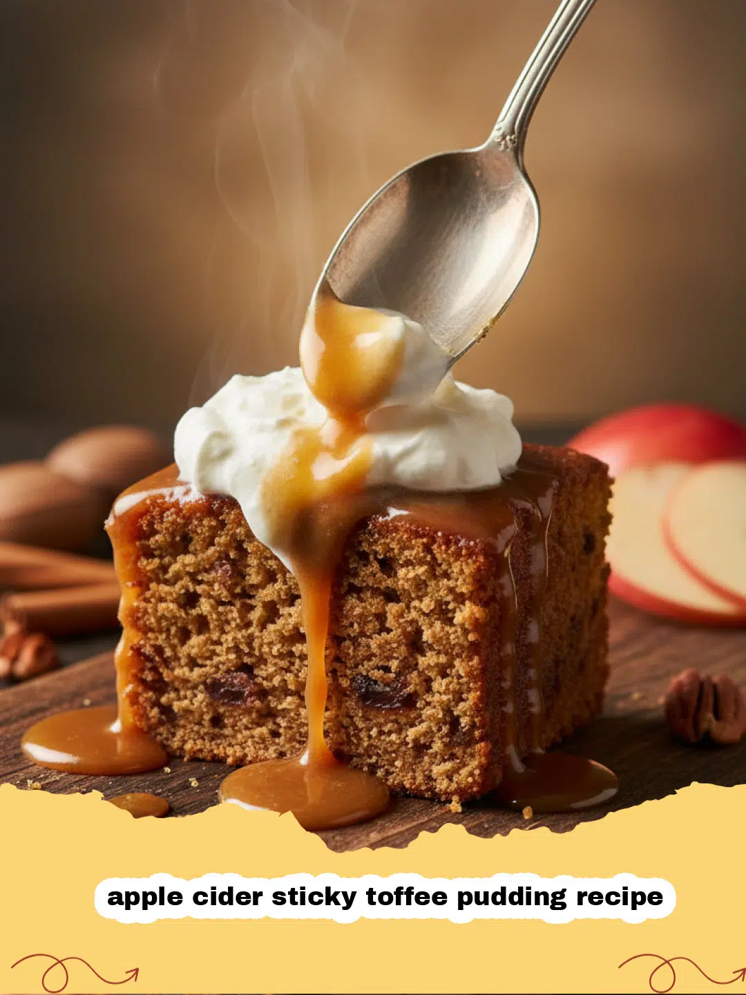 apple cider sticky toffee pudding recipe - A close up shot of a slice of apple cider sticky toffee pudding dripping with golden sauce.