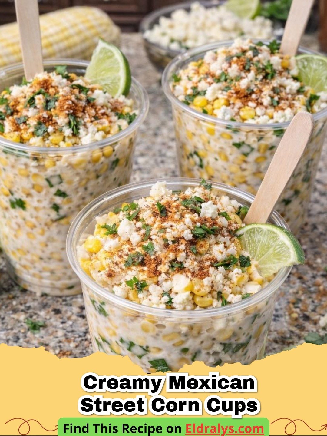 A close-up shot of Creamy Mexican Street Corn Cups topped with cotija cheese and cilantro.
