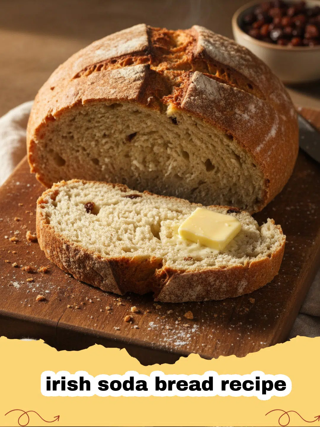 irish soda bread recipe - A golden brown loaf of Irish soda bread on a wooden cutting board.