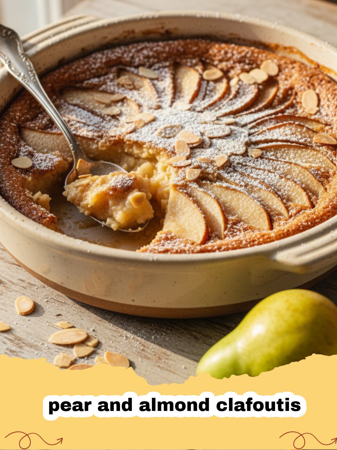 A beautiful pear and almond clafoutis in a ceramic dish, dusted with powdered sugar and garnished with sliced almonds.
