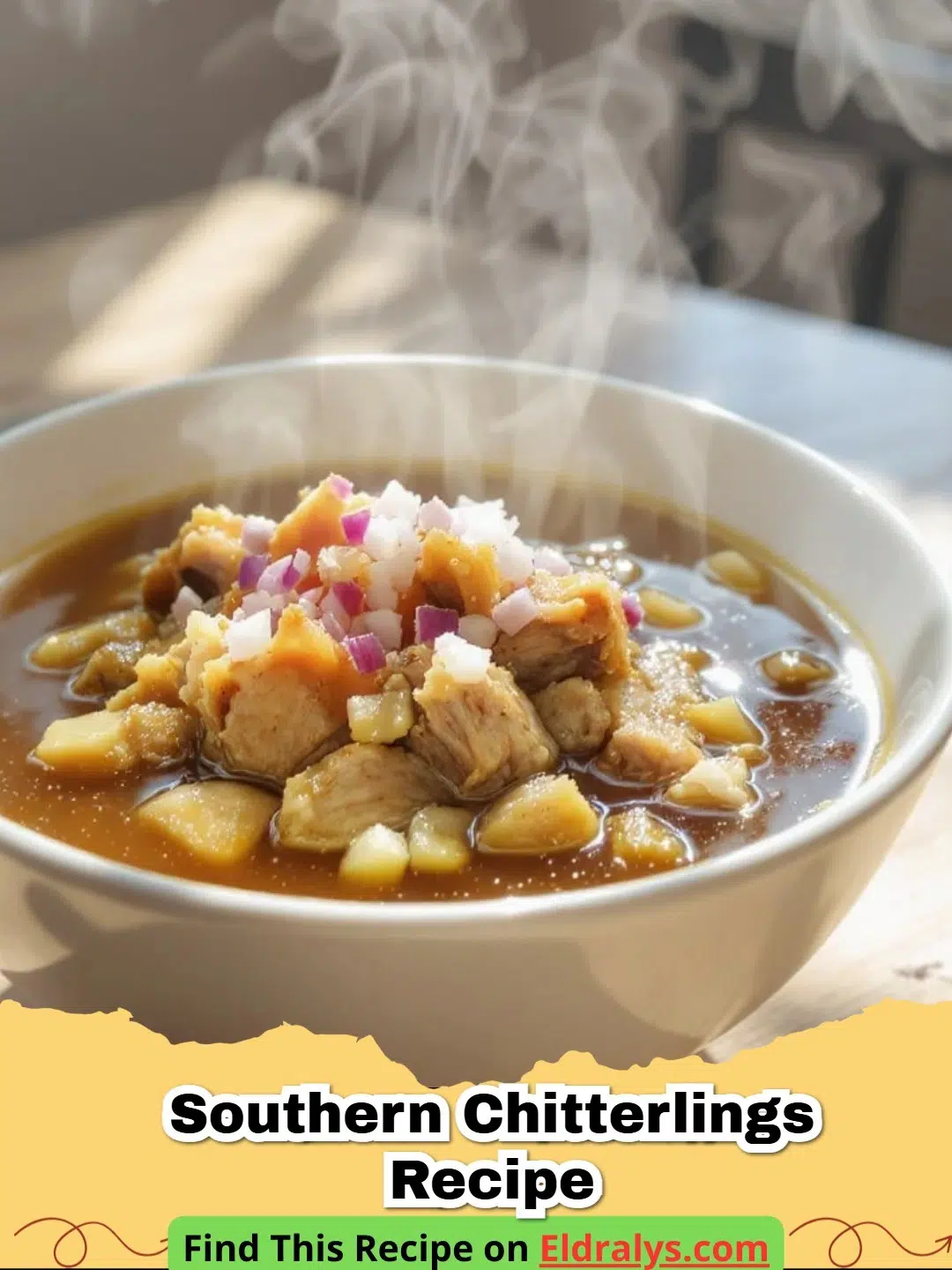Southern Chitterlings Recipe - A steaming bowl of tender Southern Chitterlings cooked with peppers and onions.