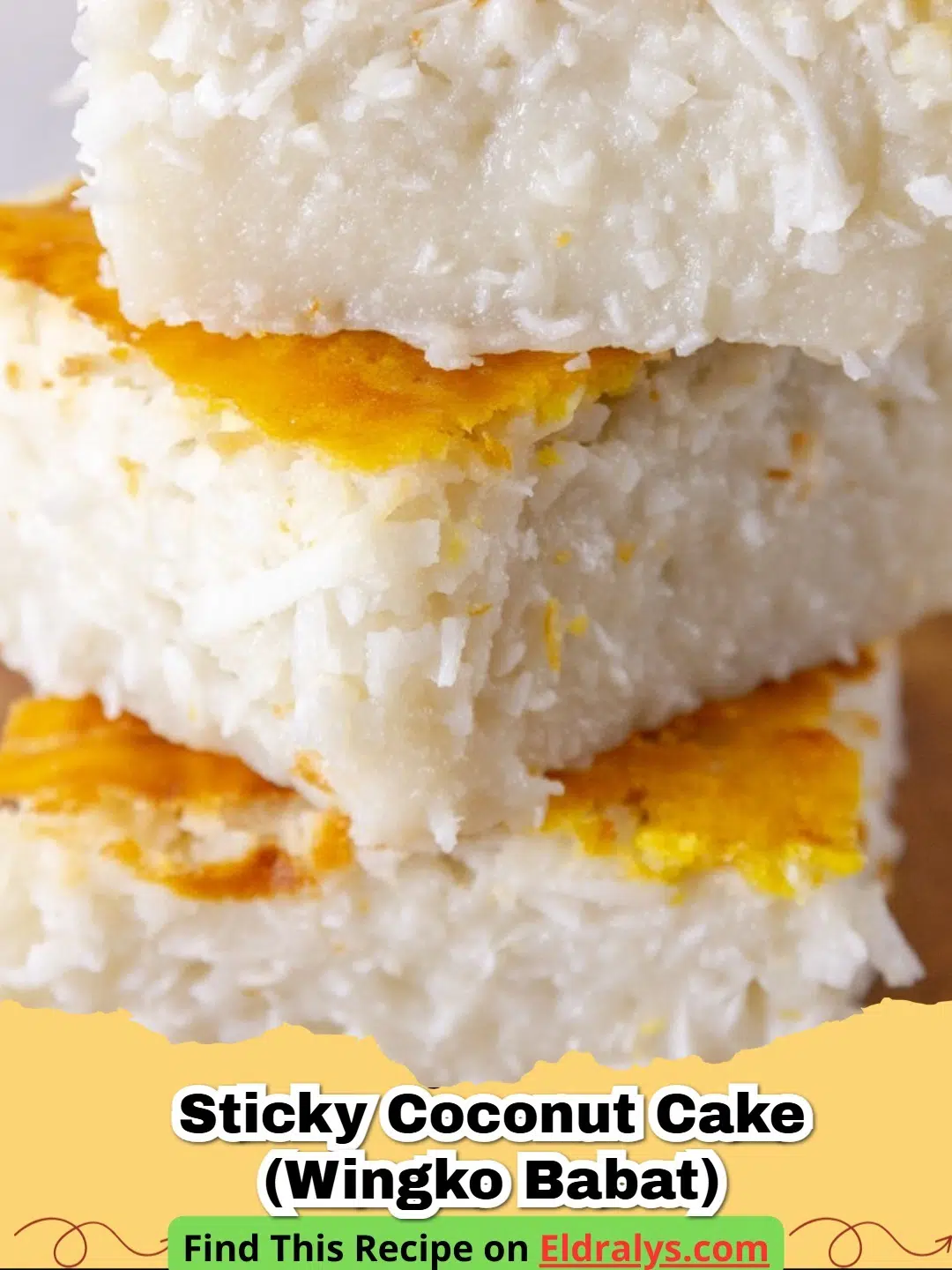 A plate of sliced Sticky Coconut Cake (Wingko Babat) with toasted coconut edges.