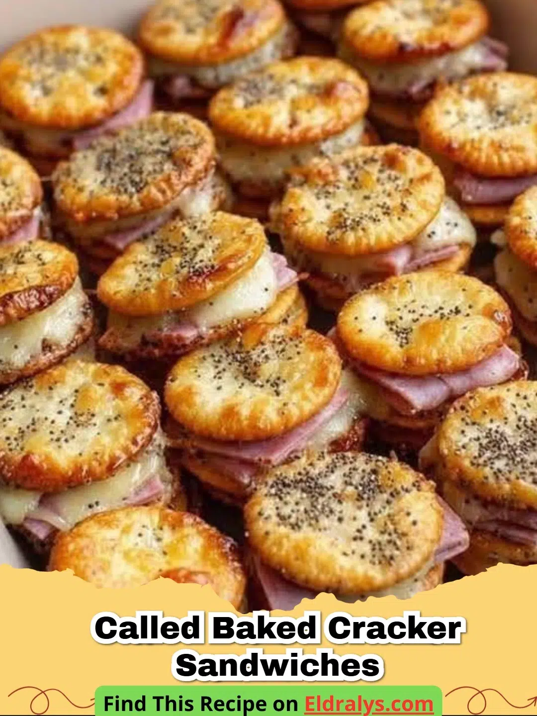 A tray of golden Baked Ham and Turkey Cracker Sandwiches with poppy seed glaze.