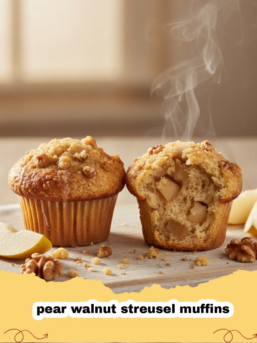 Close-up of golden brown pear walnut streusel muffins with a crunchy topping and visible pear pieces.