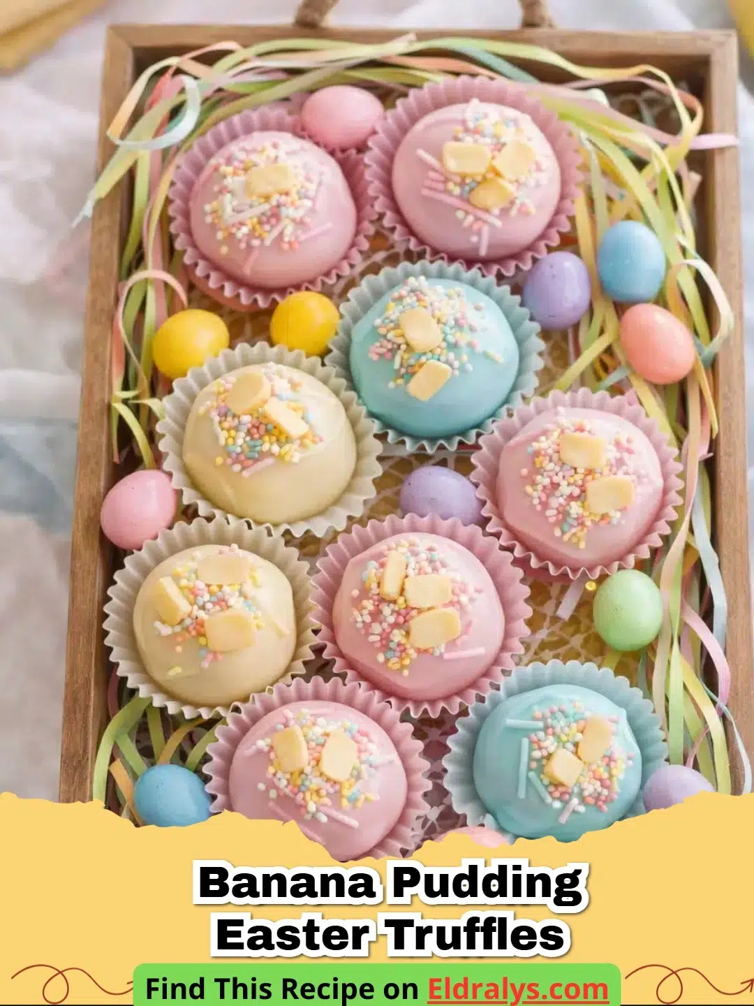 A close up shot of Banana Pudding Easter Truffles decorated with colorful spring sprinkles.