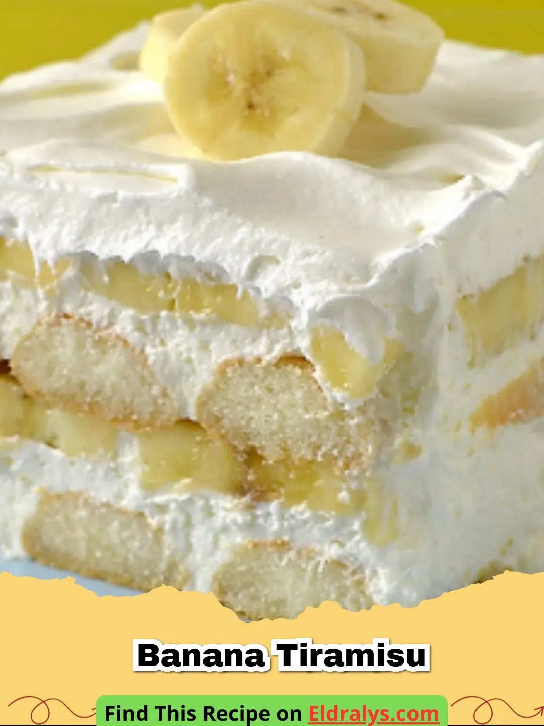 A close up shot of a layered Banana Tiramisu in a glass dish with cocoa powder on top.