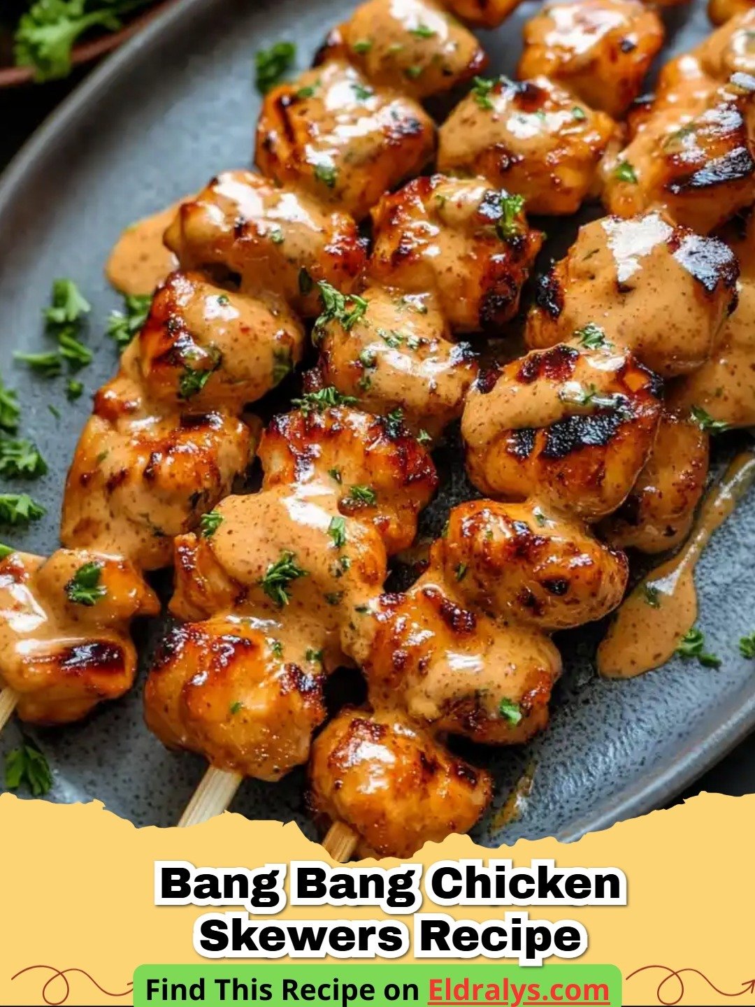 Tantalizing Bang Bang Chicken Skewers Recipe served on a platter with rice.