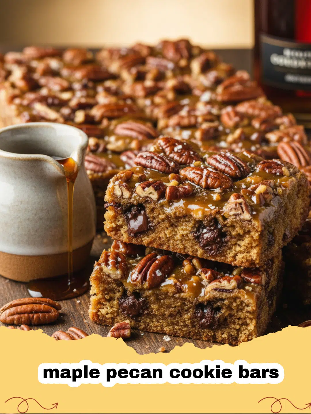 A close-up shot of several sliced maple pecan cookie bars stacked on a rustic wooden board.