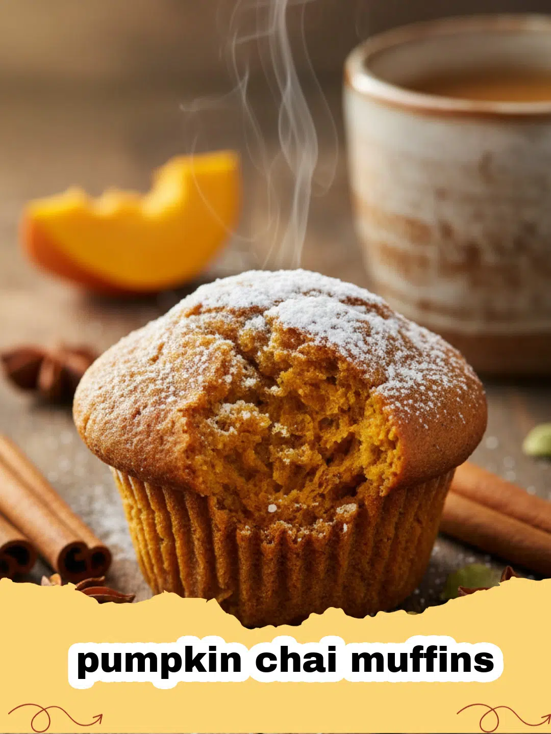 A tray of freshly baked pumpkin chai muffins on a wooden cooling rack.
