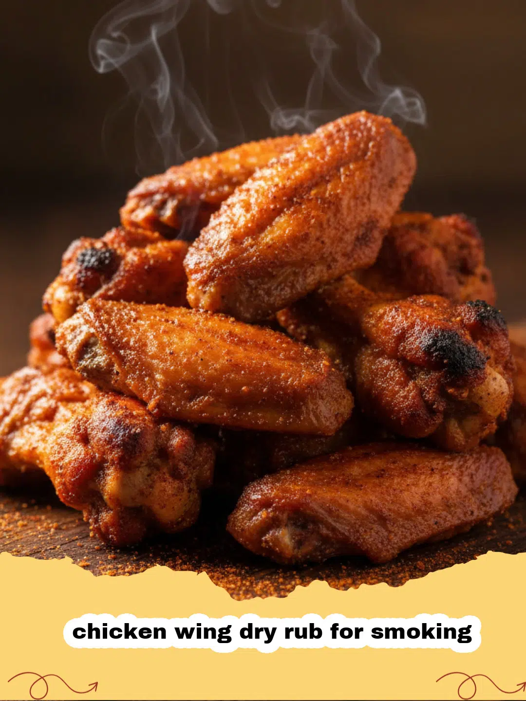 chicken wing dry rub for smoking - A close up of smoked chicken wings coated in a vibrant red dry rub on a wooden board.