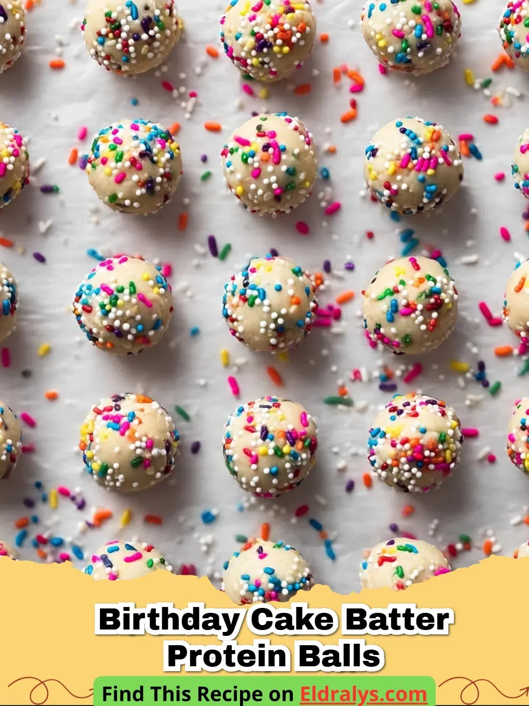 A plate of colorful Birthday Cake Batter Protein Balls with sprinkles.
